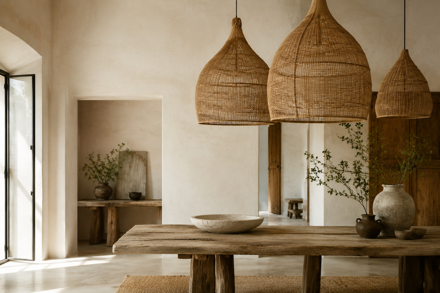 Sala boho chic com pendentes em fibra natural e paredes claras