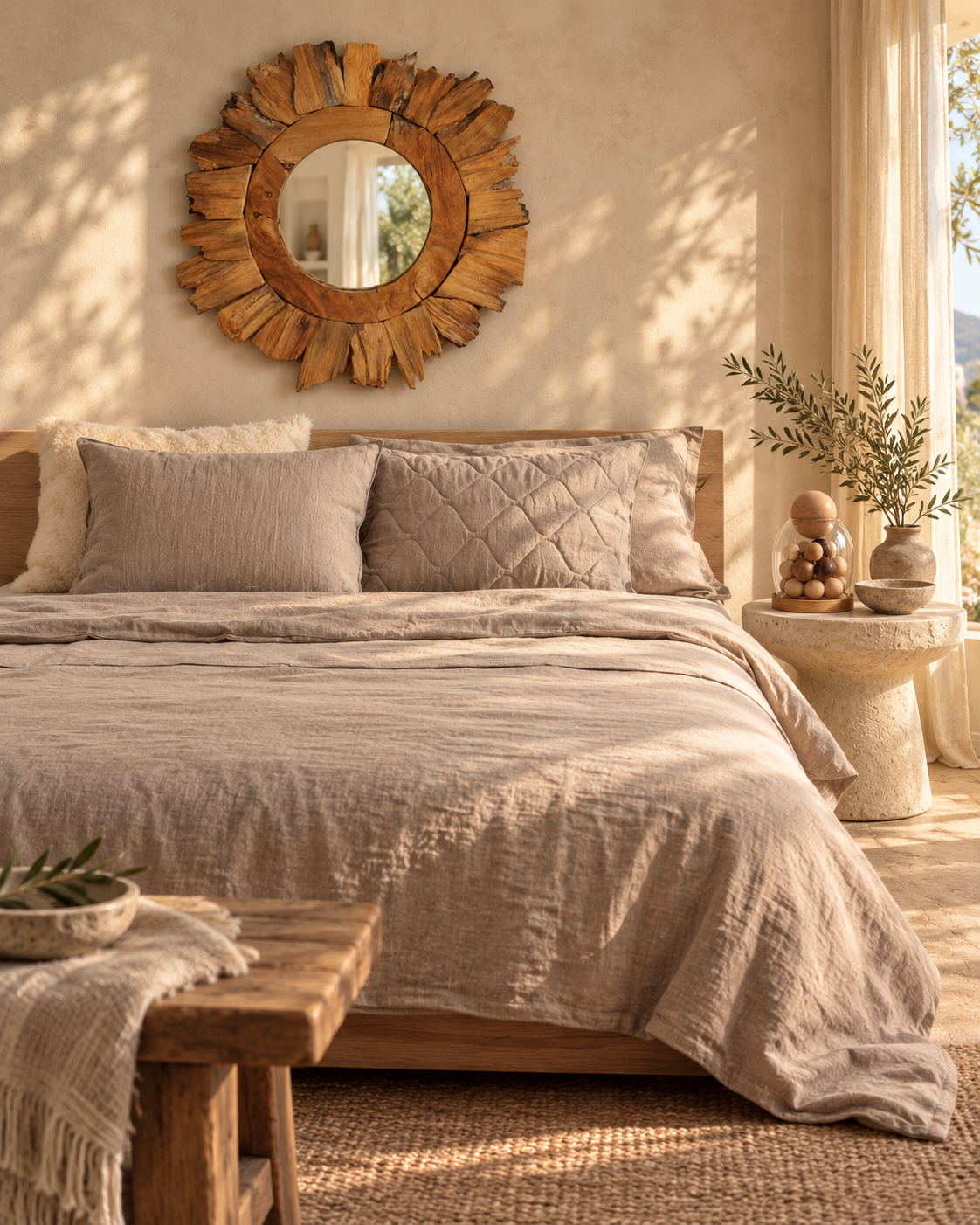 Quarto mediterrânico com roupa de cama em linho e espelho redondo em teca